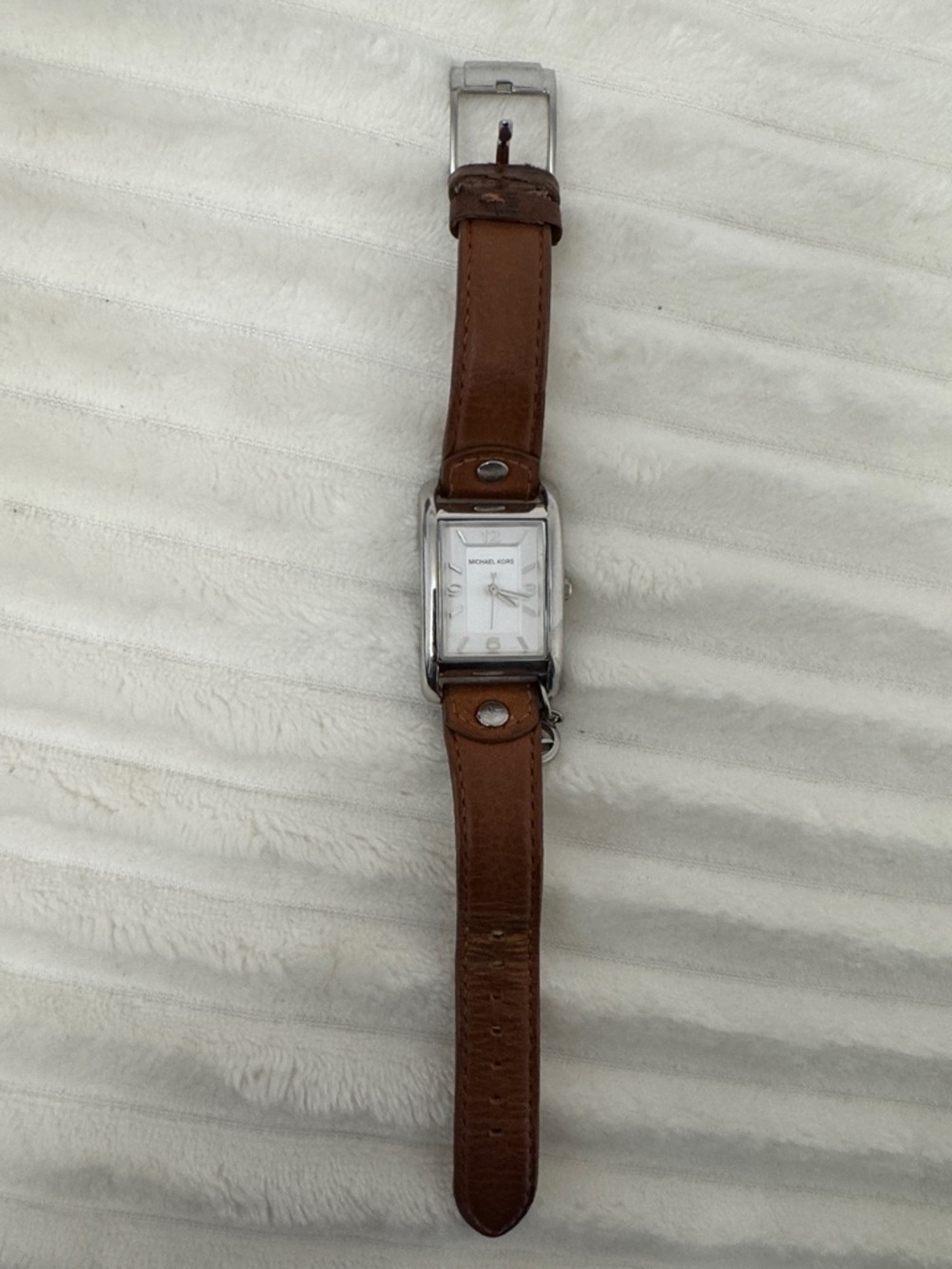 Michael Kors Silver-Tone Rectangle Watch with Brown Leather Strap